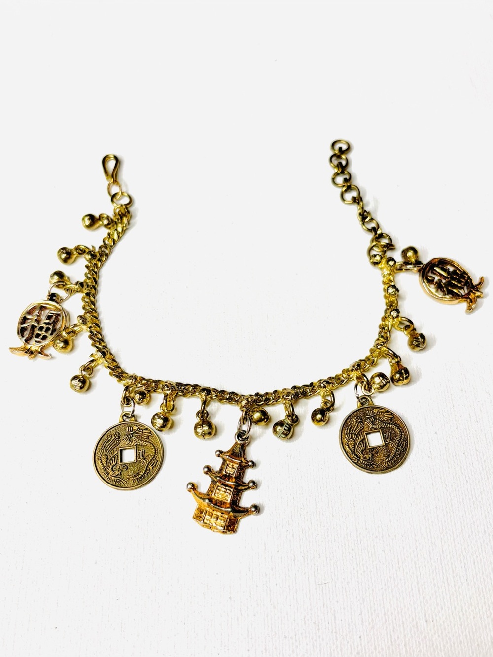 MCM Asian Gold Tone Pagoda & Coin Charm Bracelet with Bells